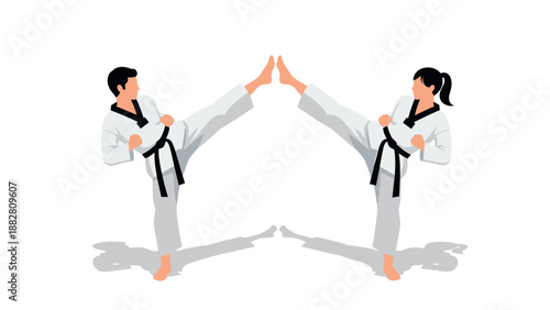 Martial arts duel: male and female practitioners in karate pose with black belts