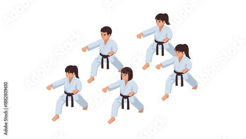 Isometric martial arts practice with diverse kids in karate uniform