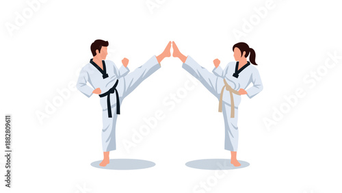 Martial arts sparring scene with two karate practitioners in action pose