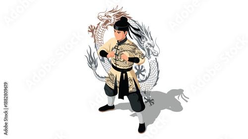 Martial artist with dragon shadow in traditional outfit on white background