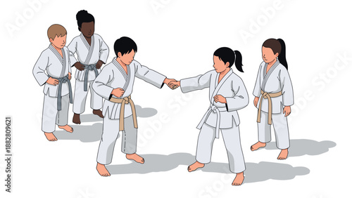 Children practicing martial arts in group training session