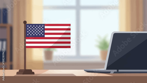 Desk with American flag, laptop, bookshelf, plants, and window