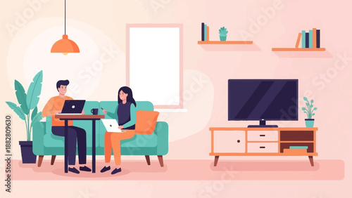 Couple working on laptops in a cozy living room with plants and a TV
