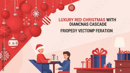 Festive Christmas scene with hanging ornaments and gift exchanges