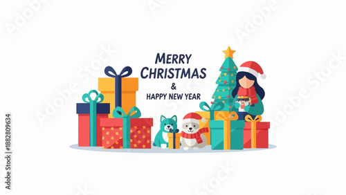 Festive Christmas scene with gifts, tree, girl, and dogs celebrating holidays