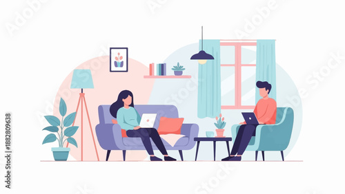 Couple working on laptops in a cozy living room with plants and art