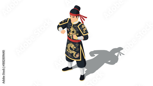 Traditional asian warrior in ornate attire with shadow in isometric view