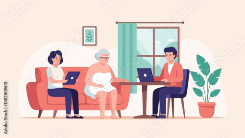 Diverse individuals engage with technology in a cozy indoor setting