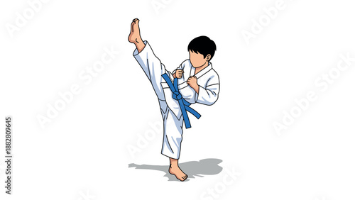Young martial artist practicing high kick in traditional karate attire