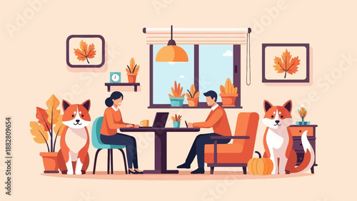 Cozy autumnal home office scene with two people and dogs