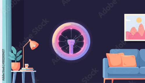 Cozy living room with abstract art and a plasma globe light