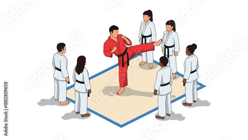 Martial arts training class with instructor and students in uniforms