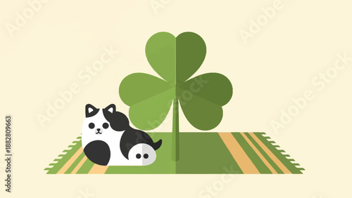 Cute cartoon cat rests near a large shamrock on a colorful mat