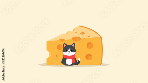 Cute cartoon cat with black and white fur wearing a red scarf sits next to cheese