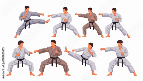 Eight figures in martial arts uniforms performing various fighting stances