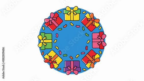 Festive circle of colorful gift boxes and confetti on blue background