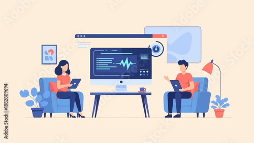 Diverse individuals in a relaxed setting engage with technology, showcasing digital collaboration and remote work