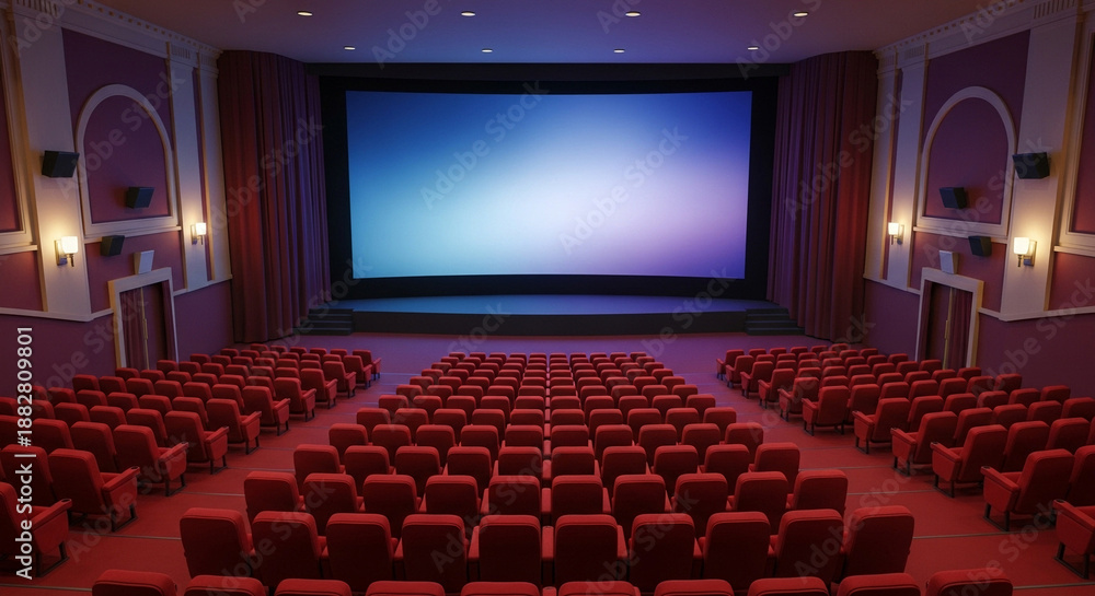 Obraz premium Empty cinema hall with red seats and a large projection screen
