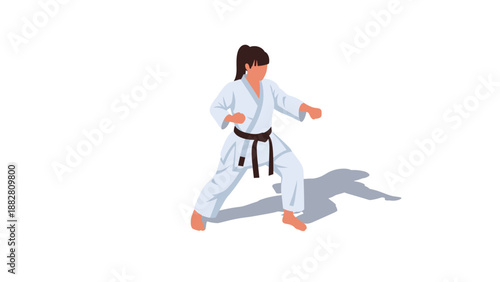Martial arts practice in traditional karate uniform with brown belt on white background
