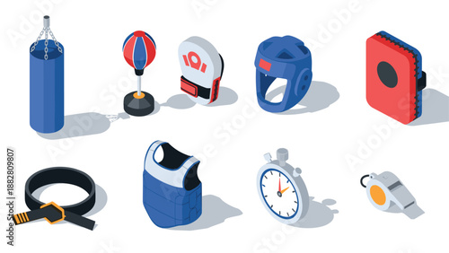 Isometric boxing equipment collection on white background