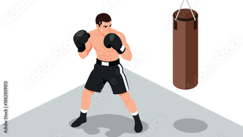 Isometric boxer training in gym with punching bag