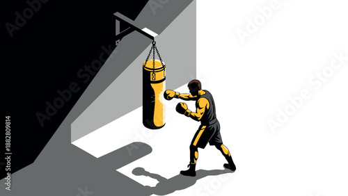 Dynamic boxing athlete training with punching bag in isometric art style
