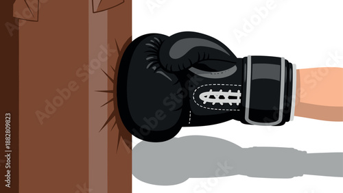 Powerful boxing punch in action with black glove and wooden object