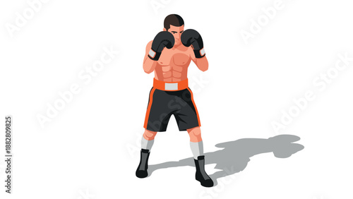 Muscular boxer in fighting stance with shadow on white background
