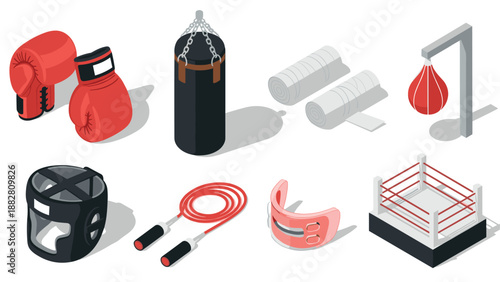 Isometric boxing equipment set: gloves, ring, punching bag, and gear for training