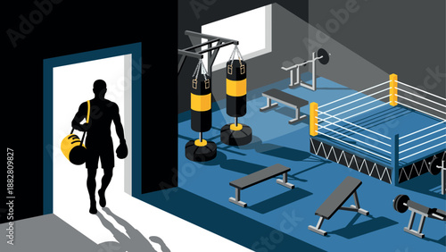 Isometric boxing gym interior with equipment and training ring