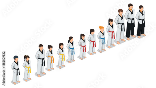 Isometric taekwondo progression: students advancing in belt ranks