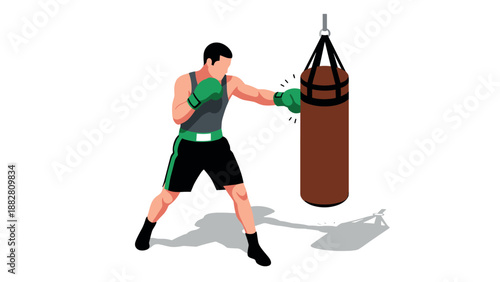 Isometric boxing training: athlete punching a punching bag in action
