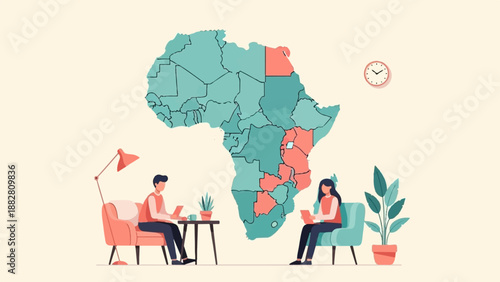 Diverse individuals interact with a colorful map of Africa in a modern home setting