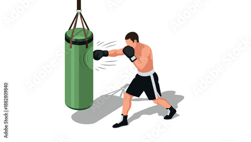 Isometric boxer training with punching bag in gym environment