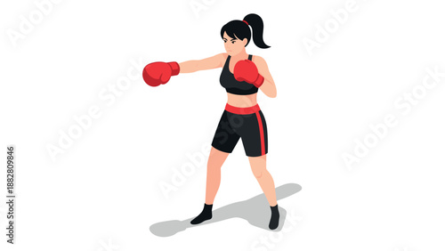 Dynamic female boxer in action pose with red gloves - isometric design