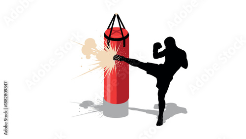 Boxer practicing kickboxing with punching bag in dynamic silhouette style
