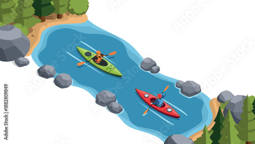 Isometric kayaking adventure in a serene river landscape