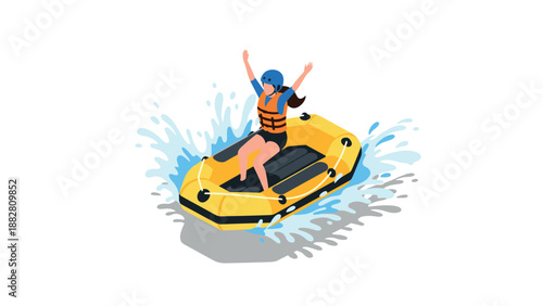 Isometric rafting adventure with woman splashing on inflatable boat