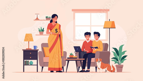 Family gathering, woman holds money, men work on laptop, read book