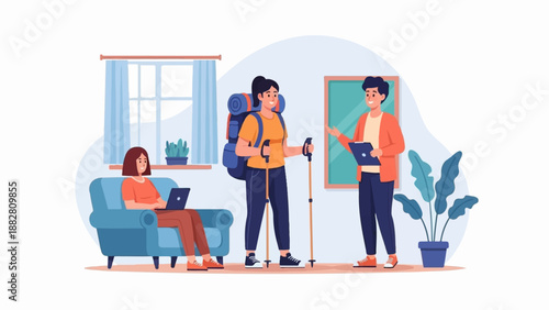 Diverse individuals interact indoors, preparing for travel and outdoor activities