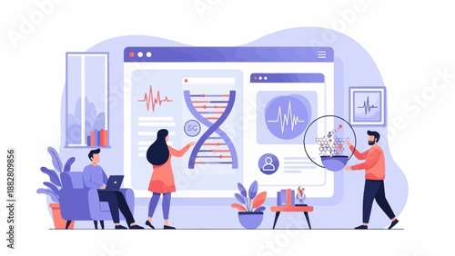 Diverse individuals interact with digital displays showing scientific data and a DNA helix