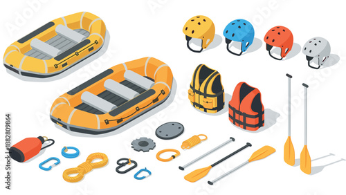 Isometric rafting equipment set with boats, helmets, and paddles in vibrant colors
