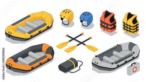 Isometric rafting equipment set with inflatable boats, helmets, vests, paddles, and first aid kit
