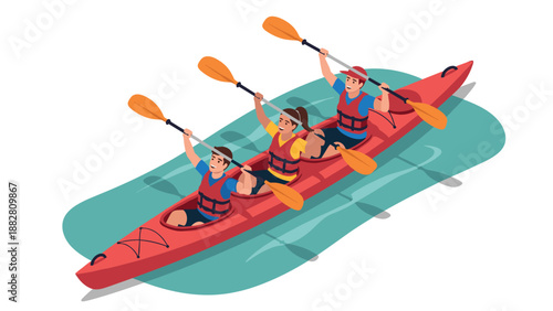 Three friends canoeing in a red kayak on turquoise water