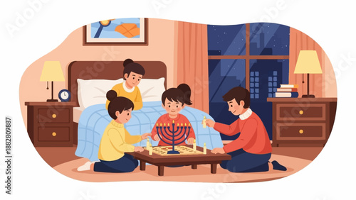 Family gathers around a menorah on a rug in a bedroom at night