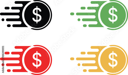 Four colorful dollar coins with motion streaks on white background money finance
