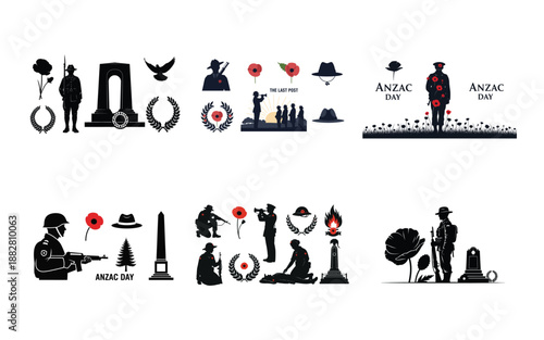 Black and red silhouettes of soldiers and memorial symbols for Anzac Day soldier silhouettes