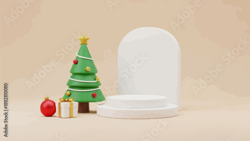 Festive display with a decorated Christmas tree, gift, and modern podiums