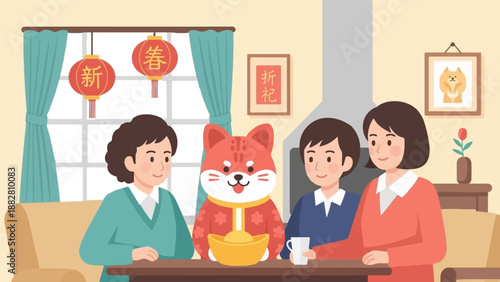Family gathers for Lunar New Year celebration with their dog