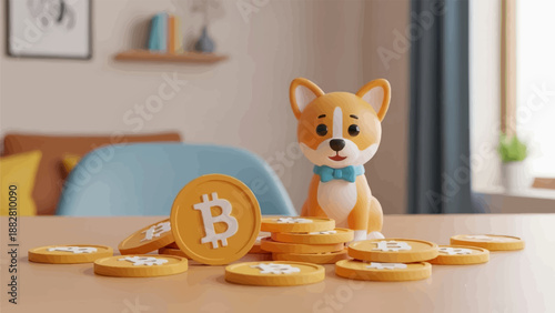 Cute cartoon corgi dog with bitcoin coins on a table in a room